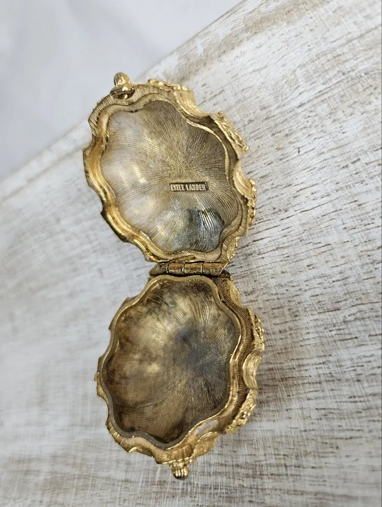 Vintage 1960s Estee Lauder Perfume Compact Gold Tone Floral Pumpkin Youth Dew - Picture 6 of 12